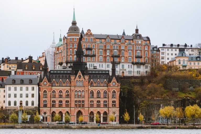 A view of a cliff and surrounding buildings in Sodermalm, Stockholm