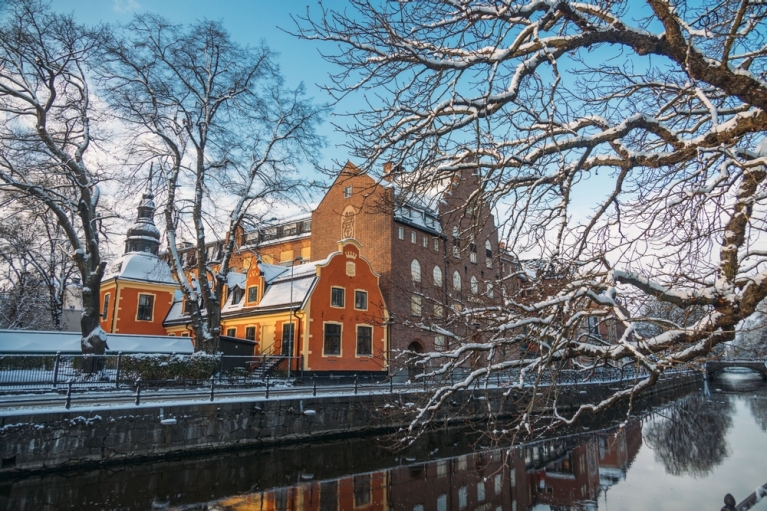 Stately buildings along a canal with trees and snow