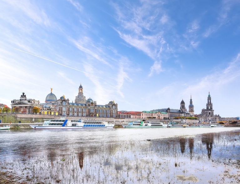 The River Elbe and skyline of Dresden with a dusting of snow