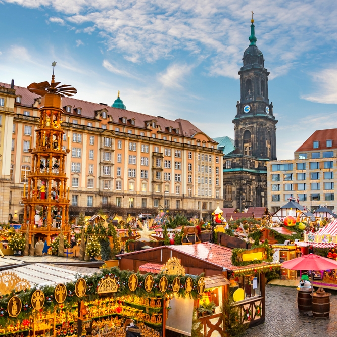 A landscape view of Dresden's Striezelmarkt during the day