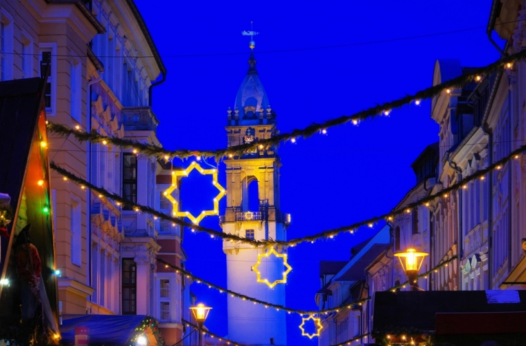 Holiday lights strung between buildings in Bautzen, Germany