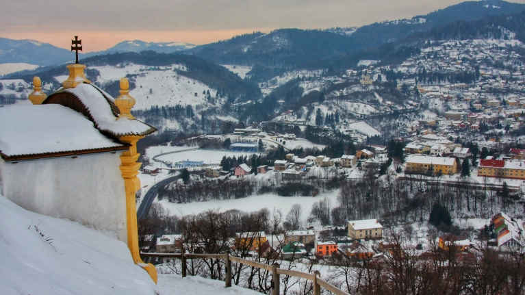 Banská Štiavnica and mountains in winter