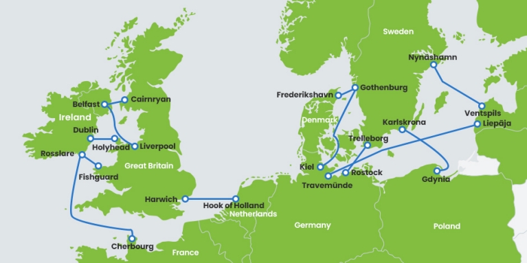 Mapa de la ruta del ferry de Stena Line