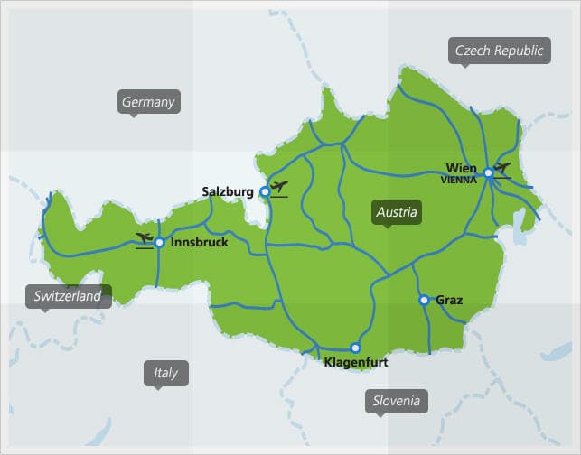 Kaart met de belangrijkste treinverbindingen in Oostenrijk