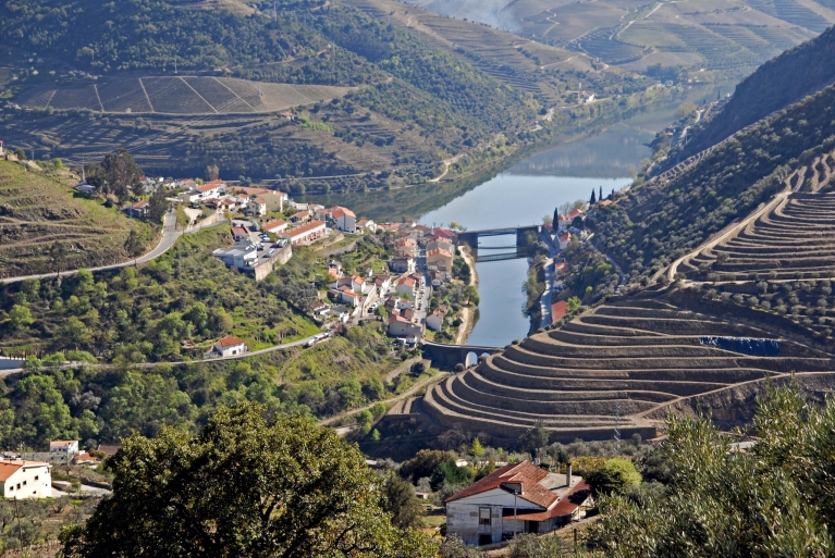 Een zicht over het landschap met de wijngaarden van Pinhão, Portugal