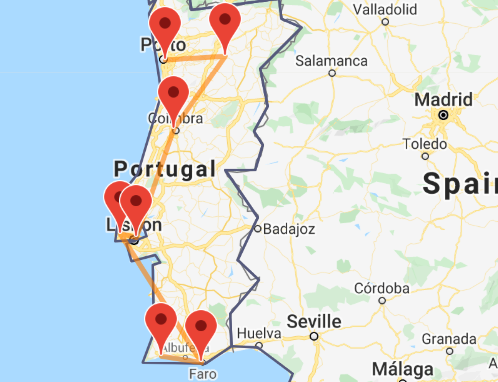 Een kaart van een treinroute door Portugal