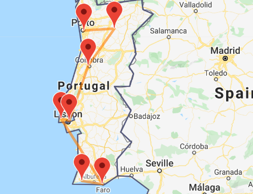 Mappa di un itinerario in treno attraverso il Portogallo
